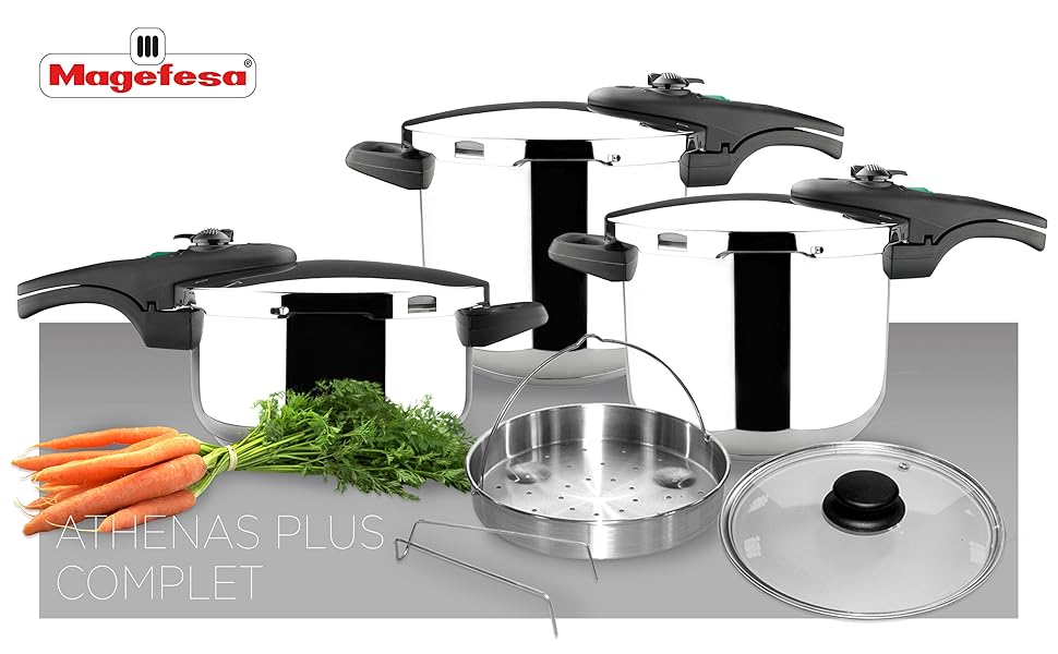 Набір сковорідок Magefesa Athenas 4+6L з корзиною та скляною кришкою, нержавіюча сталь 18/10, індукційне дно, термодифузійне дно