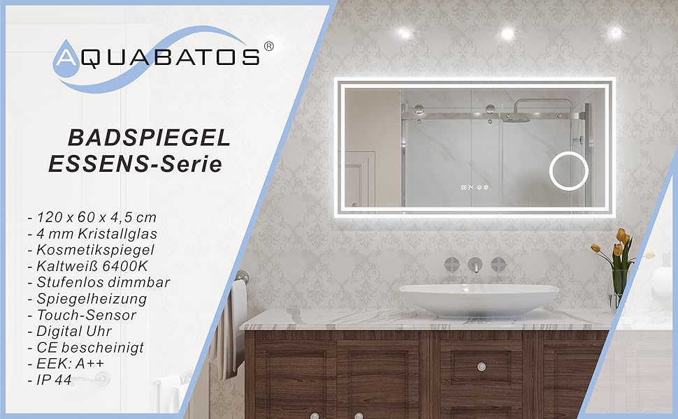 Дзеркало для ванної кімнати AQUABATOS LED 50x70 см з підсвічуванням, сенсорним вимикачем, регулюванням температури світла (6400K), IP44, CE, енергозберігаюче. Серія Essens