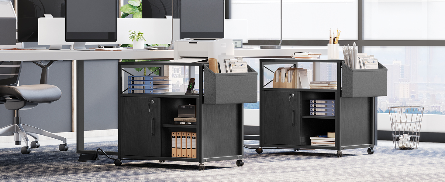 Підставка для принтера YITAHOME з розетками, роликова, з полицею та кишенями, з замком, для дому/офісу, чорна