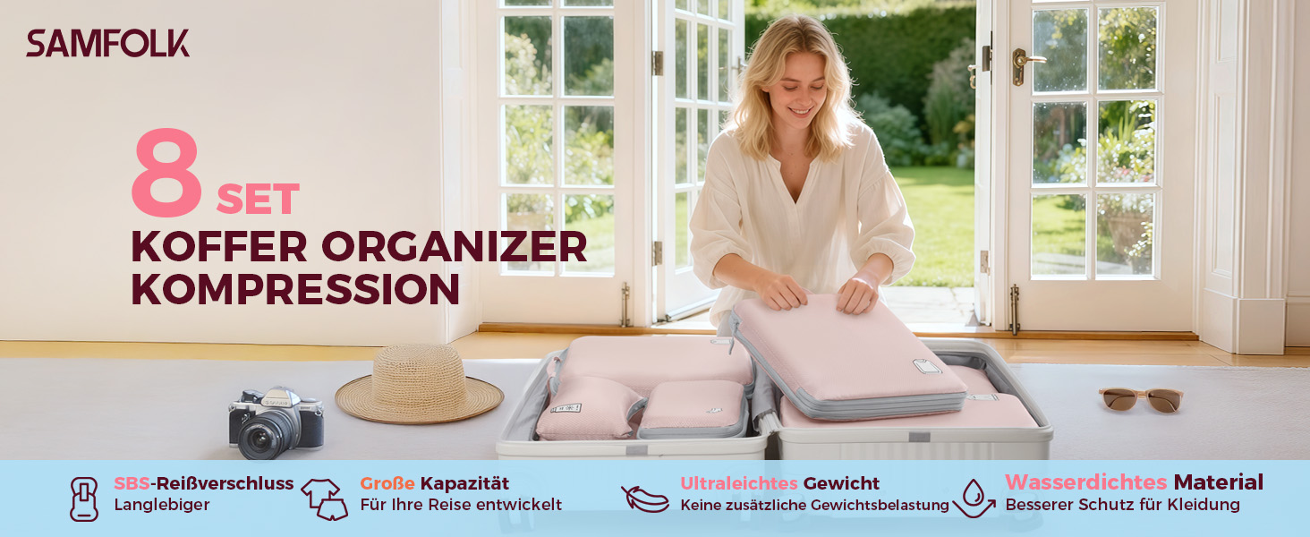 Набір компресійних органайзерів для валізи та рюкзака, водонепроникні пакувальні куби для подорожей, 8 предметів (Рожевий)