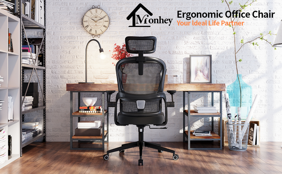 Офісний стіл-крісло Monhey з регулюванням висоти, поворотне з відкидними підлокітниками, дихаюча сітка, регульована підголовник та інтелектуальна підтримка попереку – для дому/офісу, чорний