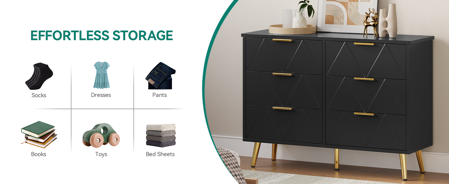 Комод YITAHOME для спальні: 6 шухляд, чорний, з дерева, для зберігання