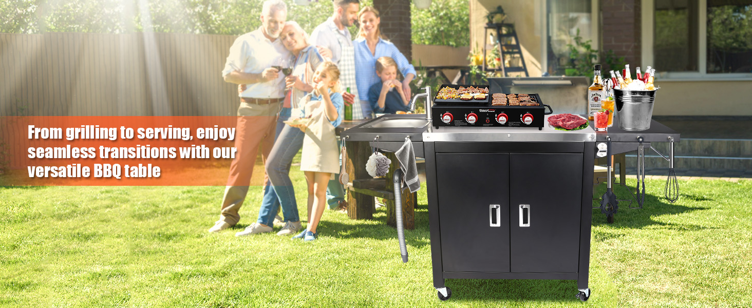 Гриль-вогн на колесах GFTIME: мобільний стіл для піци з нержавіючої сталі, кухонний острів з шафкою та полицями, 154 x 63 x 89 см