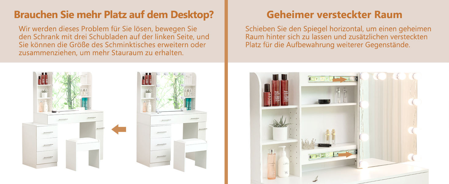 Дзеркальний туалетний столик Thanaddo з підсвічуванням та пуфом, 100×40×136 см. 6 шухляд, відкриті полиці, сучасний дизайн для спальні (білий)