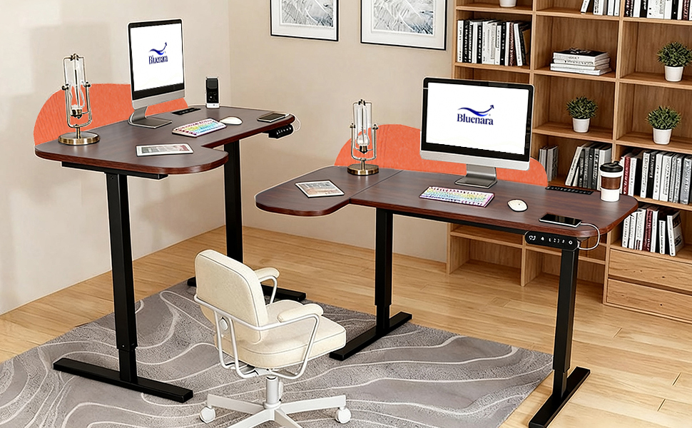 Електричний кутовий стіл з регулюванням висоти 150 см, L-подібний, з 4 пам'яттю, спліт-плита, для дому та офісу (150x68 см, коричнево-помаранчевий)