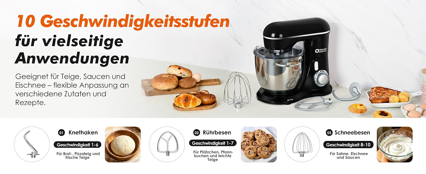 Кухонний комбайн Kitchen in the box Kompakte — планетарний міксер та тістоміс 3.5-5л, 10 швидкостей, з насадками (гак, вінчик, міксер), чорний