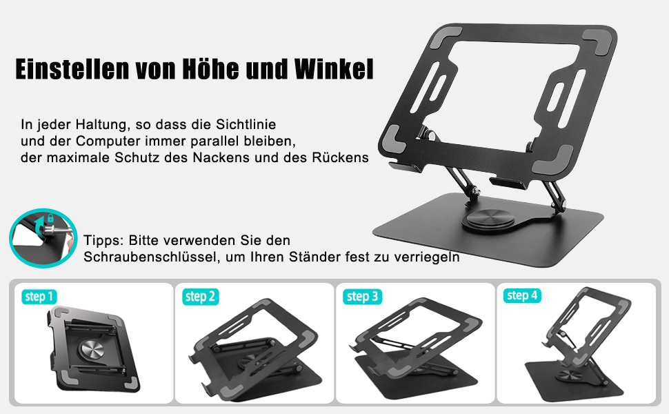 Підставка для ноутбука з регулюванням висоти та поворотним підставою 360°, ергономічна, вентильована, чорна (10-17 дюймів)
