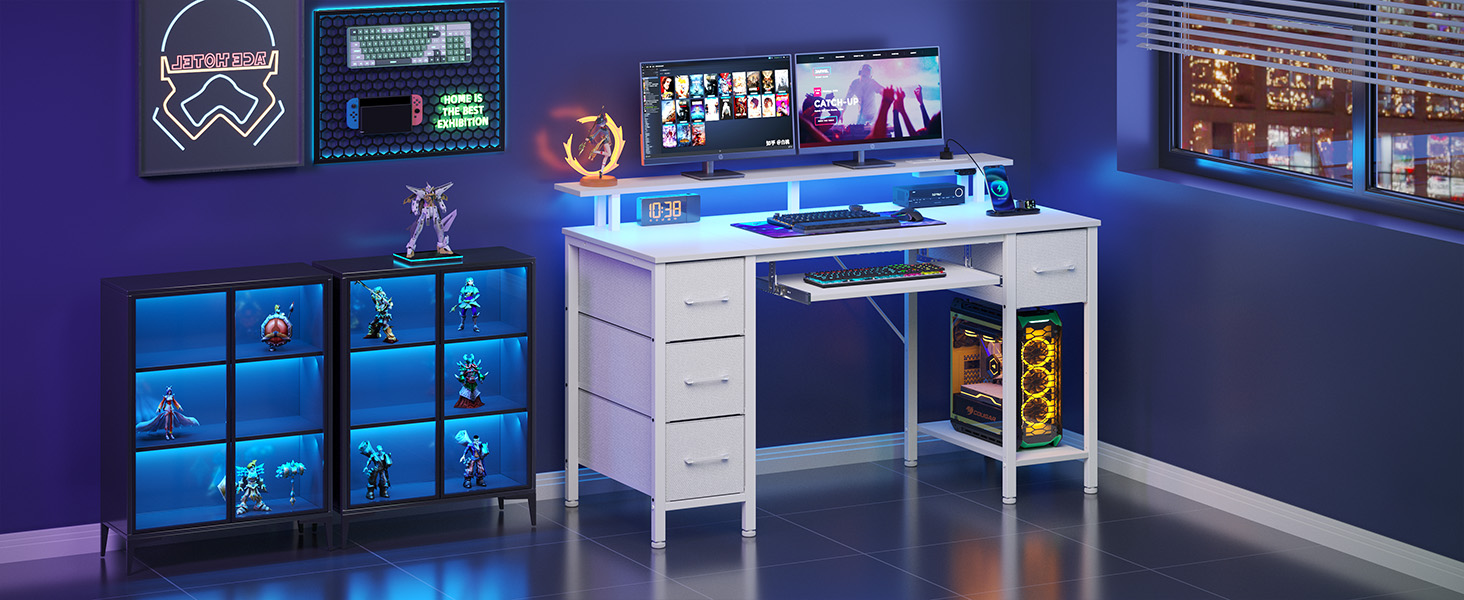 Стіл Rolanstar з шухлядами, 120x47 см, ігровий стіл з розеткою, LED-підсвітка та підставка для монітора, стіл для комп'ютера з підставкою для клавіатури, білий