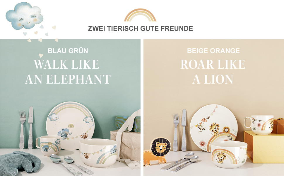 Набір дитячого посуду Villeroy & Boch Boho Kids 'Roar like a lion' (3 шт.) Бежевий, для миття в посудомийній машині, з мікрохвильовкою, з зображенням лева та мавпи, преміум-посуд