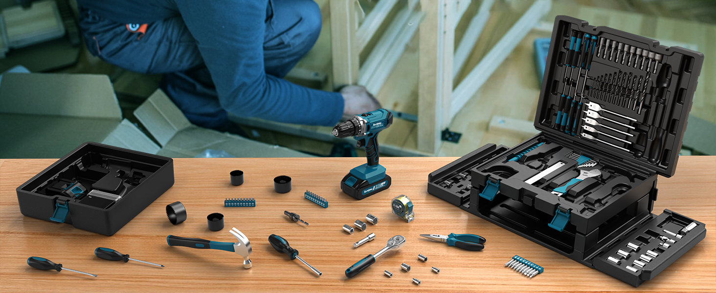 Набір інструментів Sundpey 255 предметів з акумуляторним дрилем-шуруповертом 21V, 2x2000mAh, синій - для дому та авто