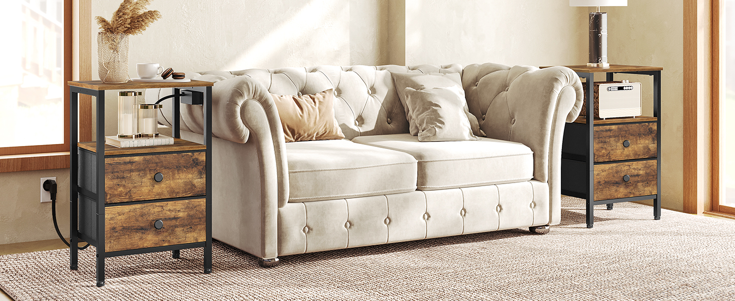 Нічний столик з підзарядкою, тумбочка з 2 шухлядами, приліжний столик з USB-портами та полицями, для вітальні, спальні, вінтажний коричневий та чорний XET02CBRY (2)