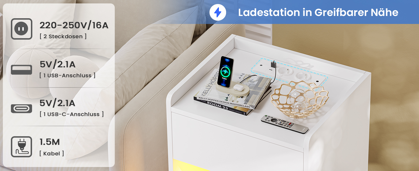 Нічний столик AOGLLATI з LED-підсвічуванням та зарядкою, 2 шухляди та полиця, білий (40x35x60 см)