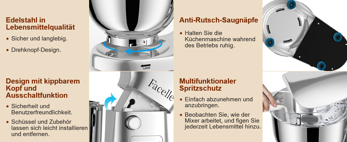 Кухонна машина-міксер Facelle 1500W з 5.5L та 4.5L чашами, 10+ програм, тиха робота, срібна