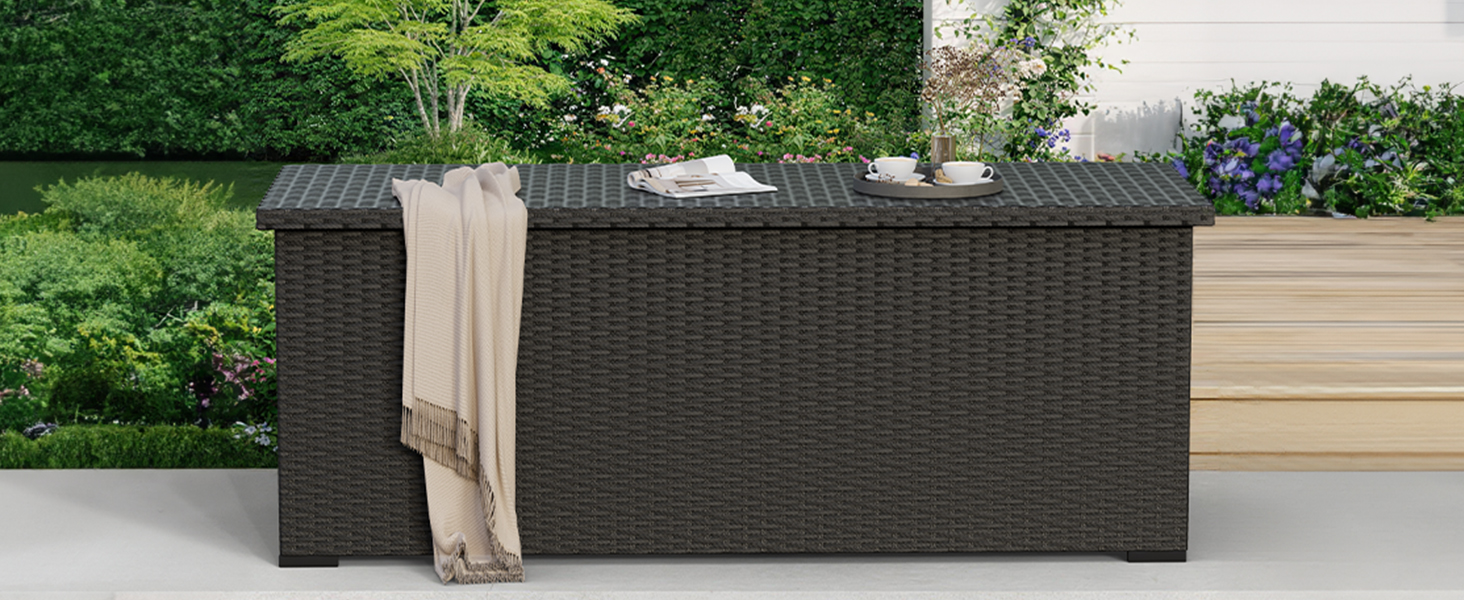 Скриня для подушок садових Polyrattan Amopatio 650л, водонепроникна, з газліфтом, чорна. Ящик для зберігання для саду та балкону