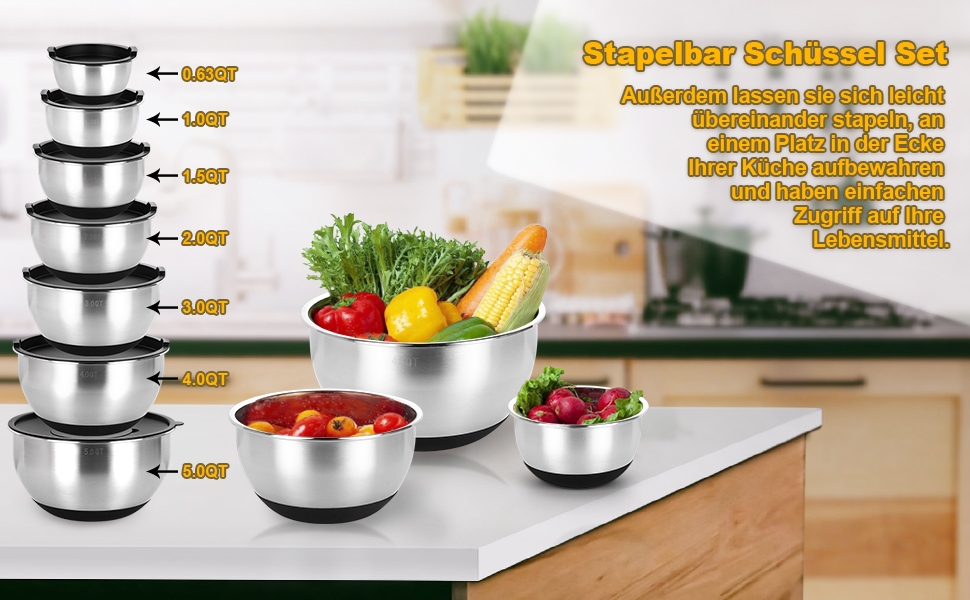 Набір мисок з нержавіючої сталі, 7 шт. з кришкою, тертки, для випічки та зберігання, стакові, універсальні, придатні для миття в посудомийній машині (0,63/1/1,5/2/3/4/5 QT)