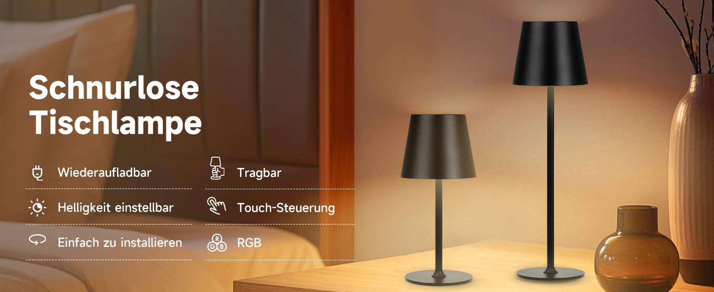 Бездротові LED-лампи настільні, 2 шт. з регулюванням яскравості, 3000K та RGB, перезаряджаються через USB-C, вологостійкі, 5500mAh (Чорний)