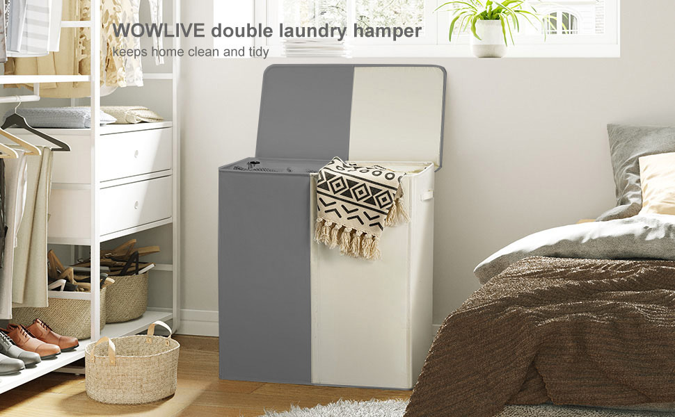 WOWLIVE Кошик для білизни з кришкою, великий, розкладний, 2 секції, з ручками (154л, Бежевий+сірий)