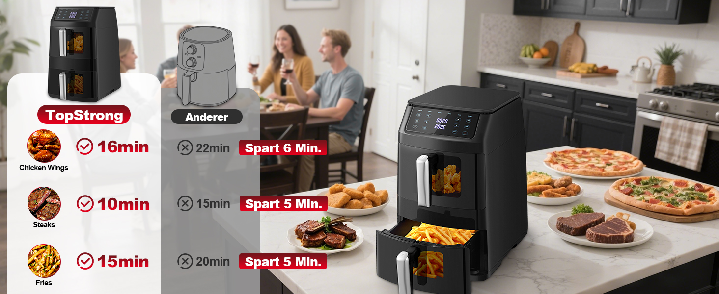 Вертикальна аерофритюрниця TopStrong з двома камерами 11л, 2500W, з вікном перегляду та 6 функціями приготування, чорна