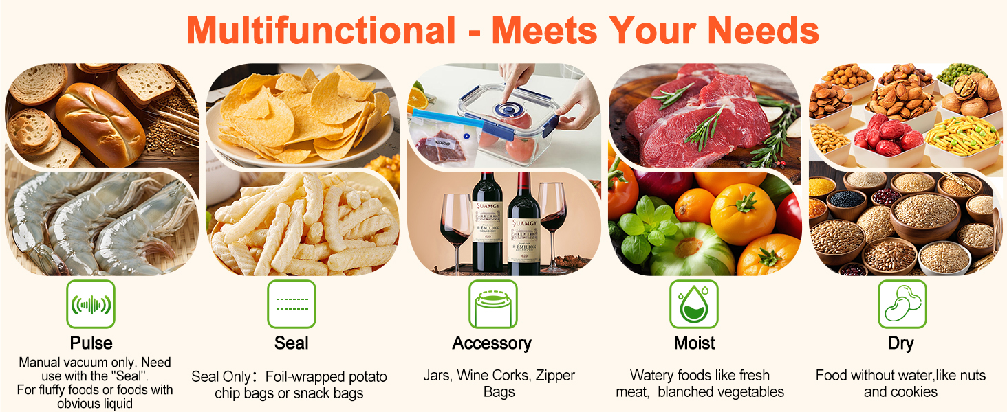 Вакууматор SHINER 6-в-1 для сухих та вологих продуктів, компактний вакуумний пакувальник з цифровим дисплеєм та набором пакетів, сріблястий