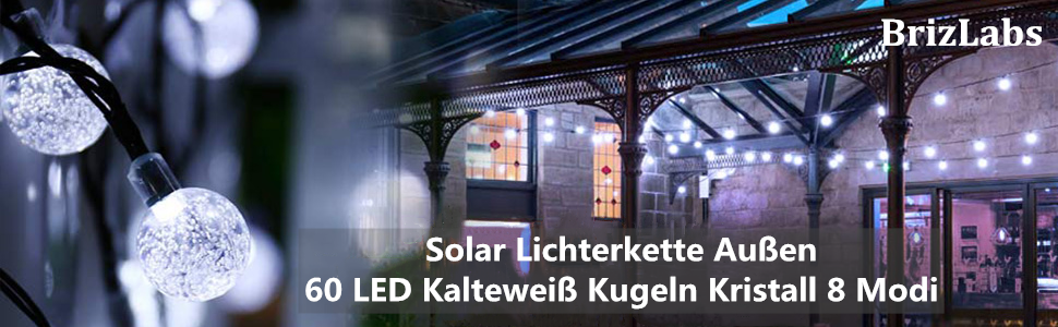 Сонячні ліхтарі BrizLabs на відкритому повітрі 22 м, 60 світлодіодів, 8 режимів, водонепроникні, холодний білий для саду та вечірок