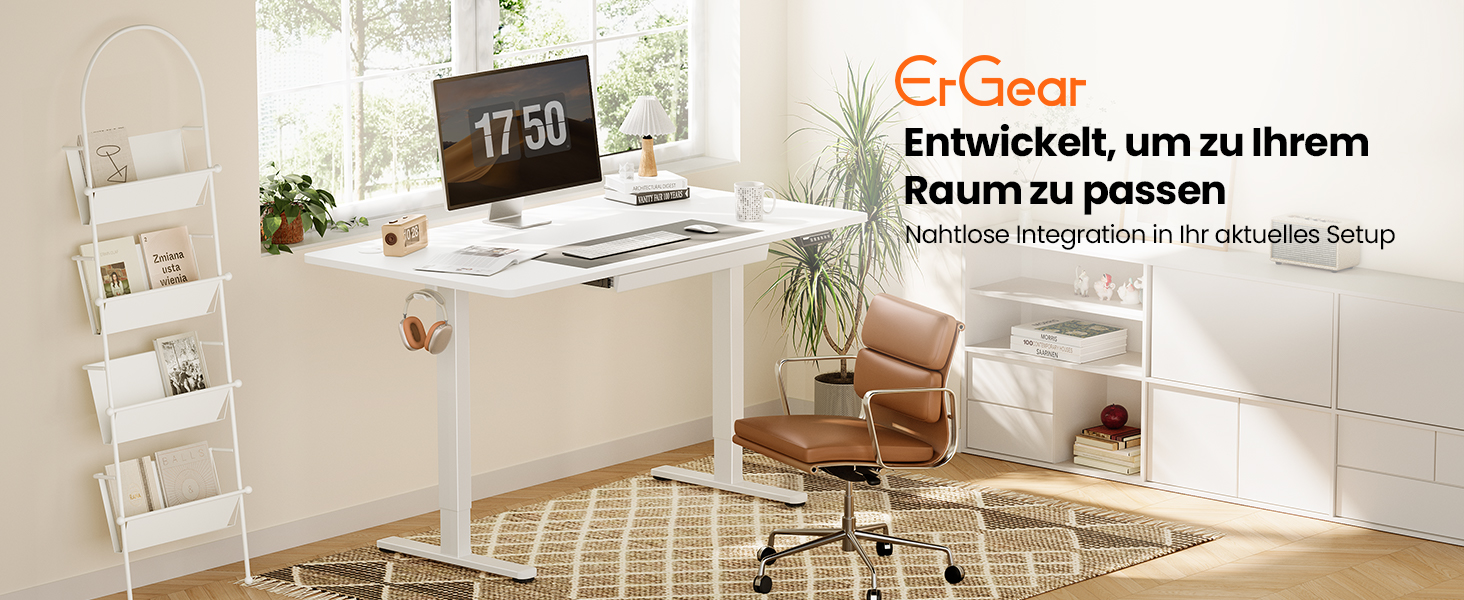 Електричний стіл ErGear 140x80 см з регулюванням висоти, шухлядою, 4-позиційною пам’яттю, T-подібною основою та багатосекційною стільницею