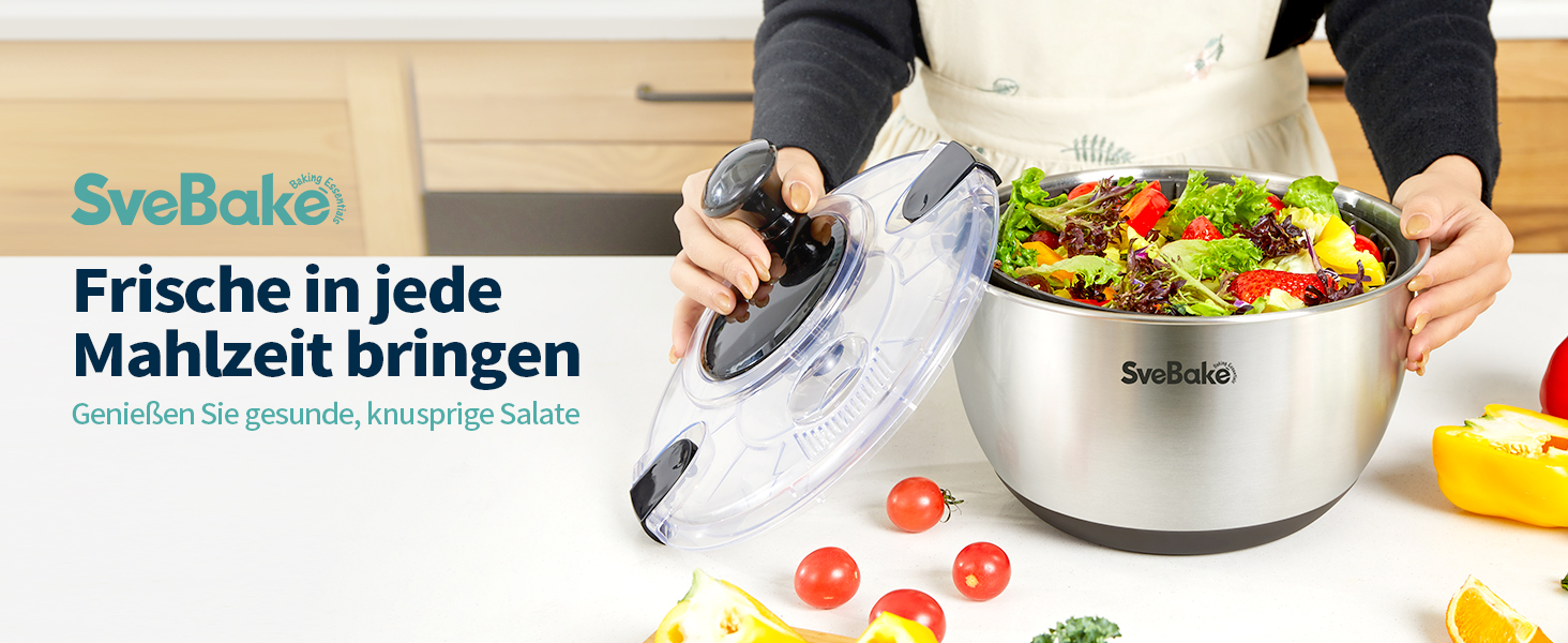 Салатниця-швидкоочисник з нержавіючої сталі 18/10 з ручним приводом та мискою об'ємом 4,5 літра, придатна для миття в посудомийній машині, чорний прозорий кришка