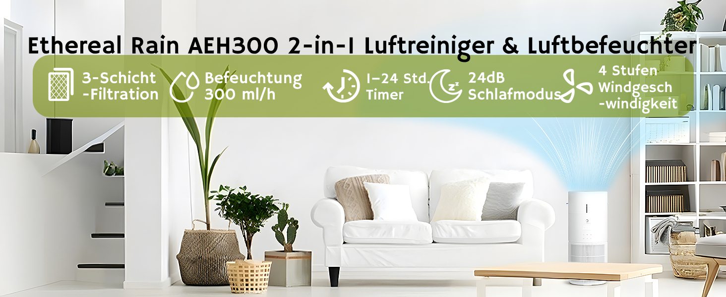 Повітряочищувач та зволожувач Airthereal AEH300: 2-в-1 для приміщень до 125 м², 3-ступенева фільтрація, індикатор якості повітря, нічний режим, автоматичне зволоження