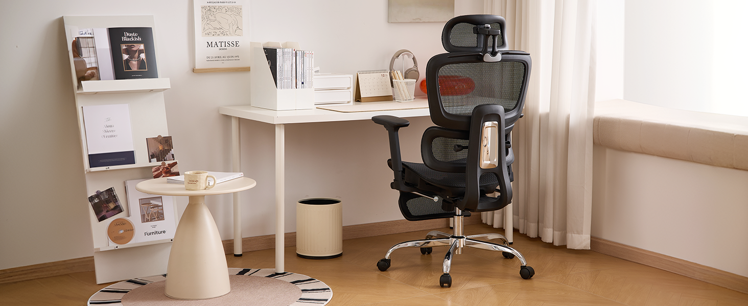 Ергономічне крісло для офісу з підніжкою та подушкою для шиї, 5-рівневе регулювання спинки, 2D підтримка попереку, 3D підлокітники/підголівник, функція нахилу 145°, сітчасте сидіння, гумові колеса (Чорний, Lite)