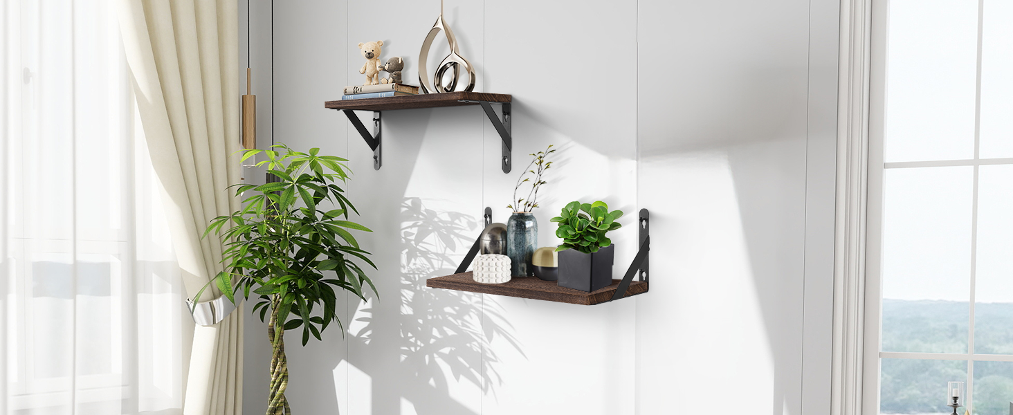 Настінна полиця з дерева Uten, рустикальна підвісна полиця з тримачем для рушників, 2 шт, темно-коричнева — для ванної, кухні, вітальні та спальні