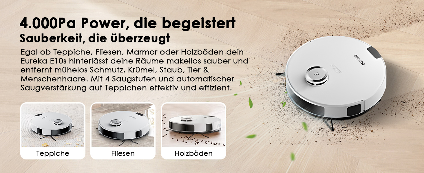 Робот-пилосос EUREKA E10s 2.Gen з вологою тканиною + станція самоочищення (4000Pa, автовиявлення килима, підйом мопа, LiDAR-навігація, ідеально для видалення шерсті тварин, керування через додаток/голос) (білий)