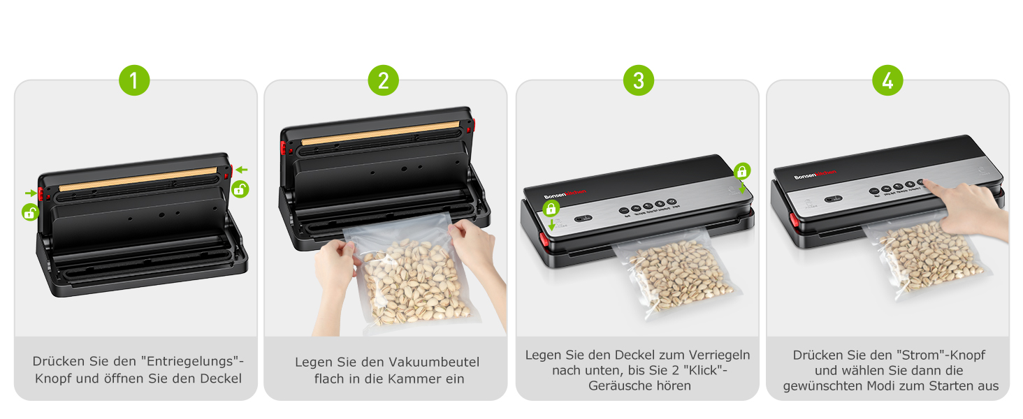 Вакууматор Bonsenkitchen для сухих та вологих продуктів з вбудованим різаком, чорний (в комплекті рулон та 5 пакетів)