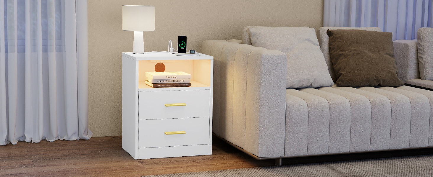 VASAGLE Custos - Нічний столик з підзарядною станцією, 2 шт. в наборі, LED-підсвічуванням, сучасний дизайн, з шухлядами, 2 розетки AC та USB-порти, LET829WB01 (Вогненно-білий)