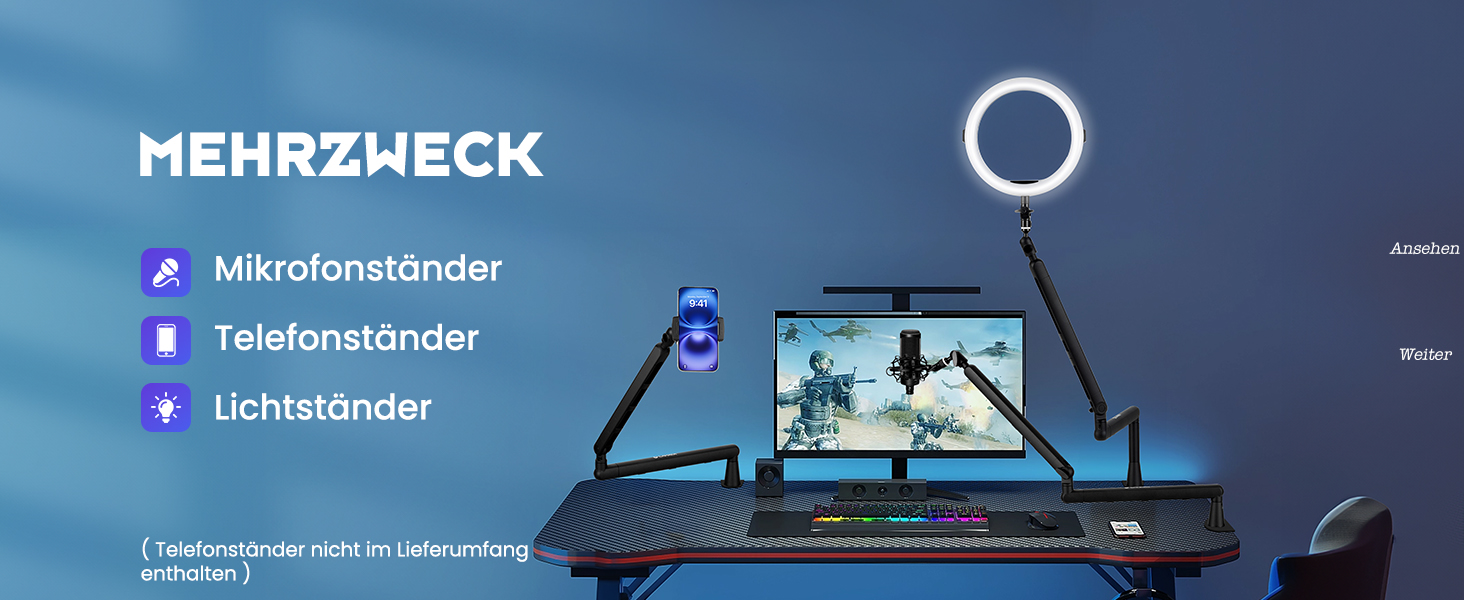 CAHAYA Мікрофонний стійкий кронштейн Boom Arm Professional: Регульований мікрофонний кронштейн з подовжувачем, низькопрофільний дизайн для стрімінгу та запису, вантажопідйомність до 2.5 кг