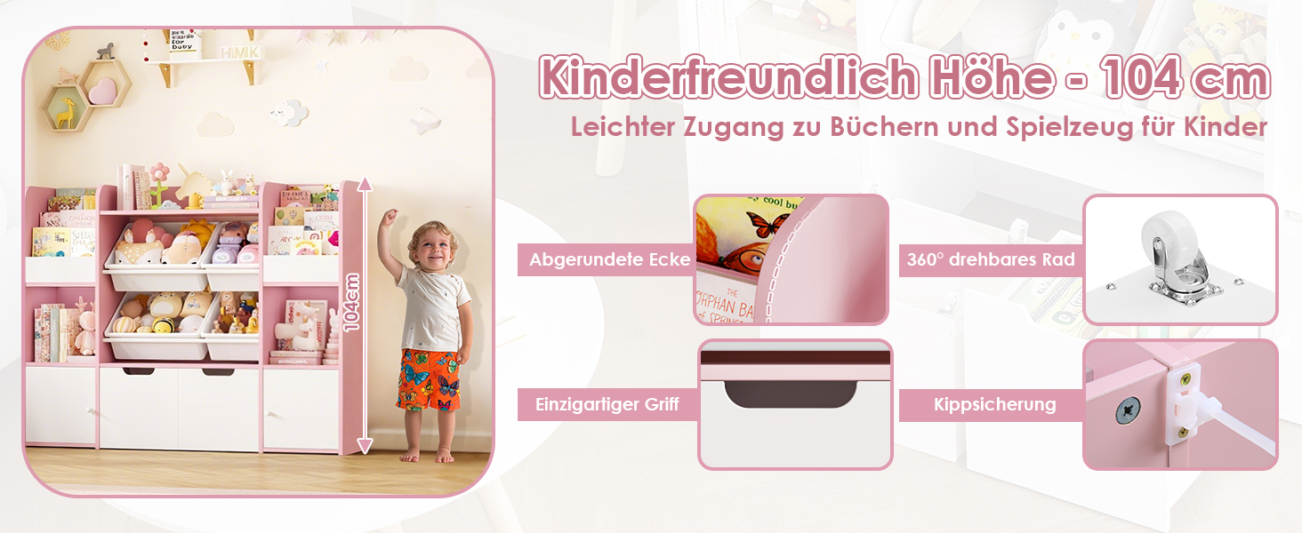 FOREHILL Дитяча полиця для іграшок та книг, стелаж для дитячої кімнати з 4 ящиками, рожевий (126x30x104 см)