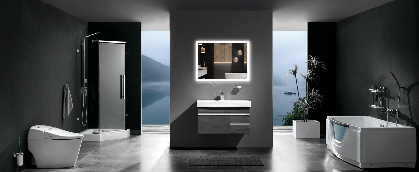 LED дзеркало для ванної кімнати 80x60 см з підсвічуванням, 3 кольори світла, регулювання яскравості, антизапарник, сенсорне керування, пам'ять, IP44, вологостійке, 6500K