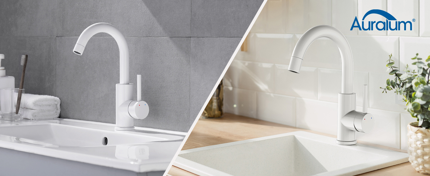 Змішувач для ванної кімнати/кухні Auralum з поворотним гусаком 360°, з високоякісної латуні, з підключенням 60 см, однорідний змішувач (білий)