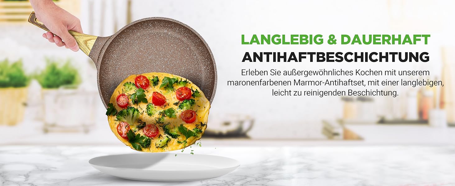 Набір посуду NutriChef Сандбраун 22 предмети: антипригарні каструлі та сковорідки з мармуровим покриттям, включаючи щипці для грилю, форму для випічки та рукавиці для духовки. Підходить для індукційних плит, можна мити в посудомийній машині
