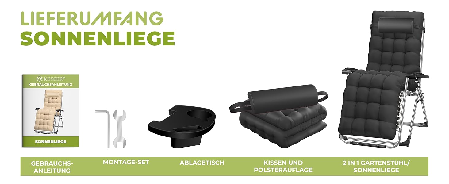Кесер® Лежак для відпочинку у саду, розкладний, чорний, 200 кг, з подушкою для шиї та тримачем для напоїв