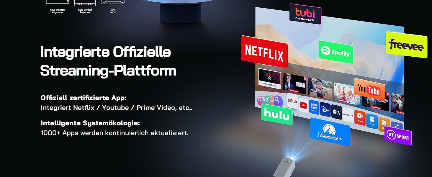 WOLFANG Міні проєктор 4K з Netflix, 26000 люмен, WiFi 6, Smart, 50% Zoom, 180° обертання, сумісний з TV Stick, iOS, Android, PC, PS5, HDMI, AV