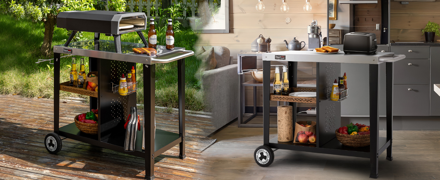 Роял Гормет: Робоча поверхня для гриля 85x50 см з нержавіючої сталі, візок на 3 яруси для гриля та піци, з ручками, тримачем для сміття та полицями для зберігання, легко миється та мобільний