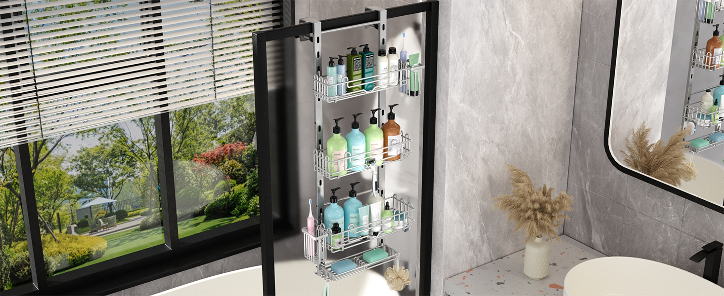 Настінна поличка для душу HapiRm з 4 ярусами, 22 гачками та 2 тримачами для зубних щіток (срібна)