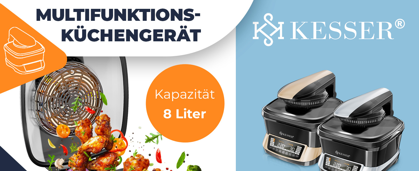 Мультиварка KESSER® 8л з фритюрницею, 16 програм, чорна. Гриль, випічка, тушкування, приготування на пару, функція підігріву та повільного приготування, приготування рису та йогурту.