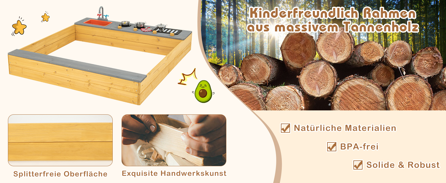 Пісочниця DREAMADE 135x125x20 см з сосни для вулиці: пісочний набір з аксесуарами та лавкою