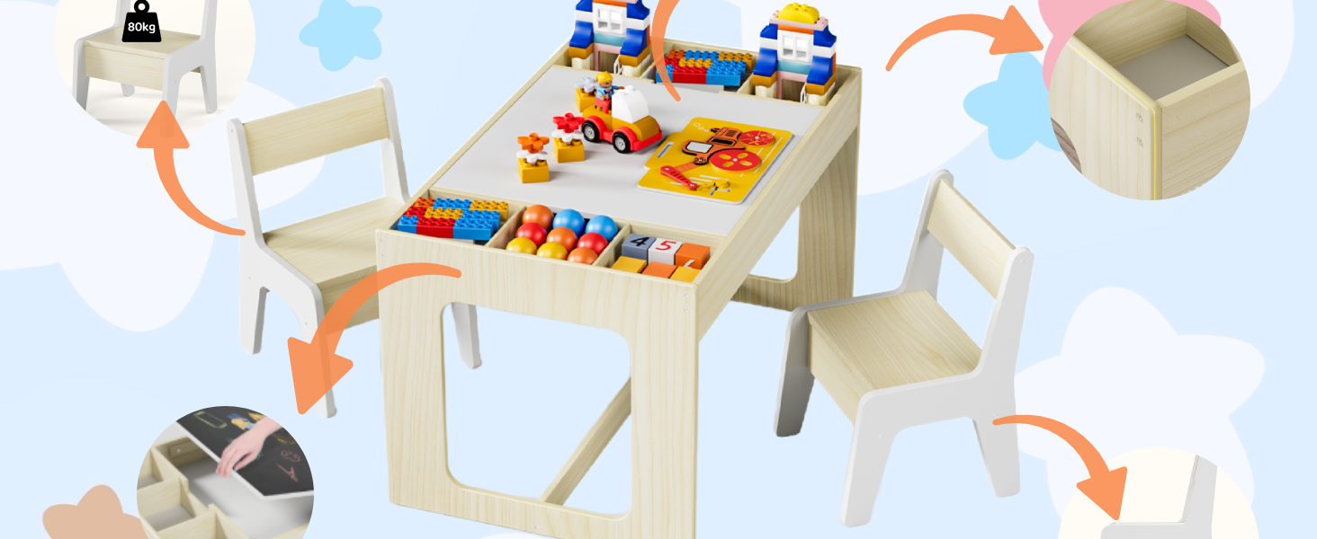 Дитячий стіл та стільці Mamizо з місцем для зберігання, набір для дитячої кімнати, школи, дитячого садка, від 3 років (білий)