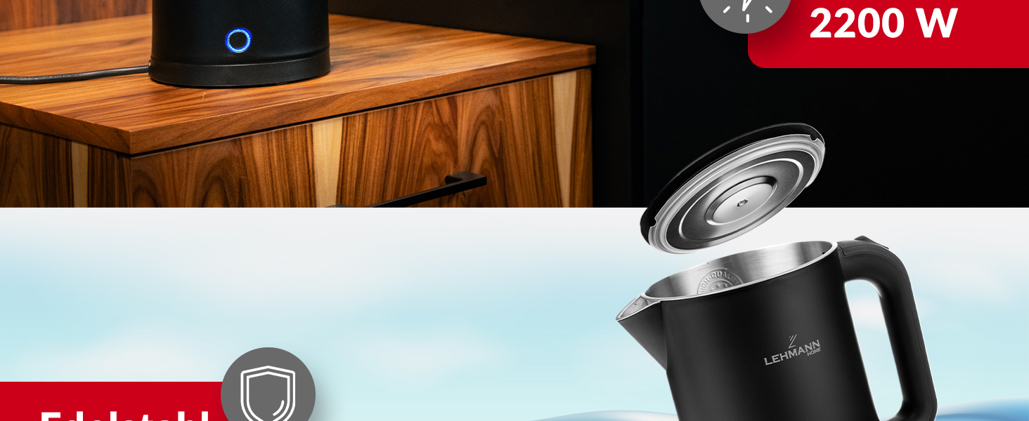 Електричний чайник Lehmann Edelstahl 1.7L, 2200W, чорний: швидкий нагрів, подвійні стінки, захист від перегріву, BPA-free, для дитячого харчування, чаю та кави