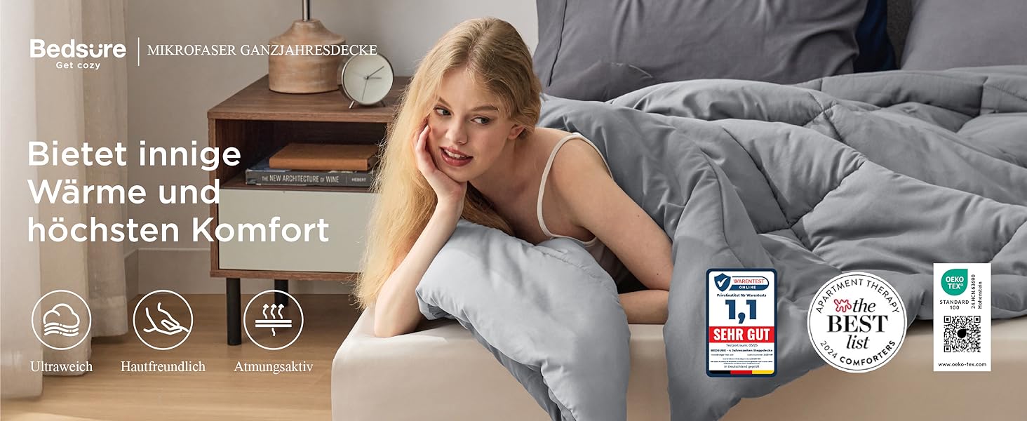 BEDSURE Ковдра постійна 240x220 см - тепла, двостороння, для алергіків, сіра/світло-сіра, 300 GSM
