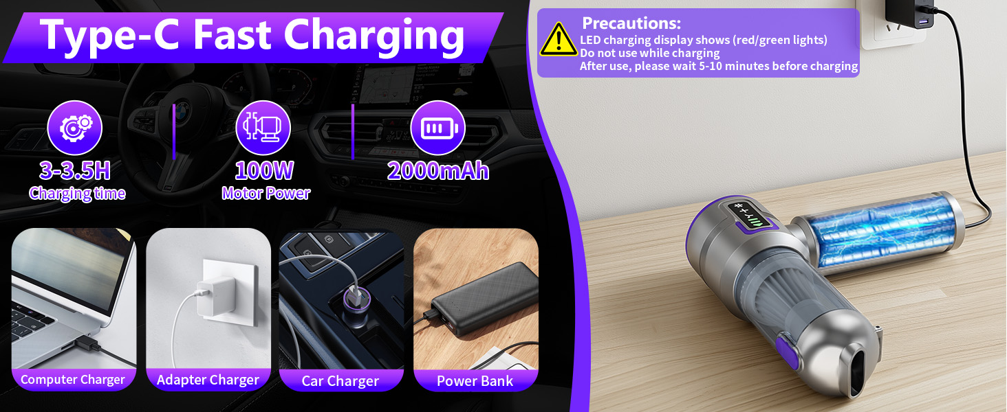 Акумуляторний ручний пилосос для авто та дому 16000Па, портативний міні-пилосос 4-в-1 для диванів, клавіатур, кухні та шерсті тварин