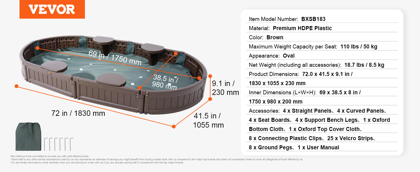 Дерев'яний пісочниця VEVOR з кришкою, восьмигранна, з 4 місцями для сидіння та підстилкою, для дітей 3-12 років, для саду, подарунок для хлопчиків та дівчаток (пластик + овал)