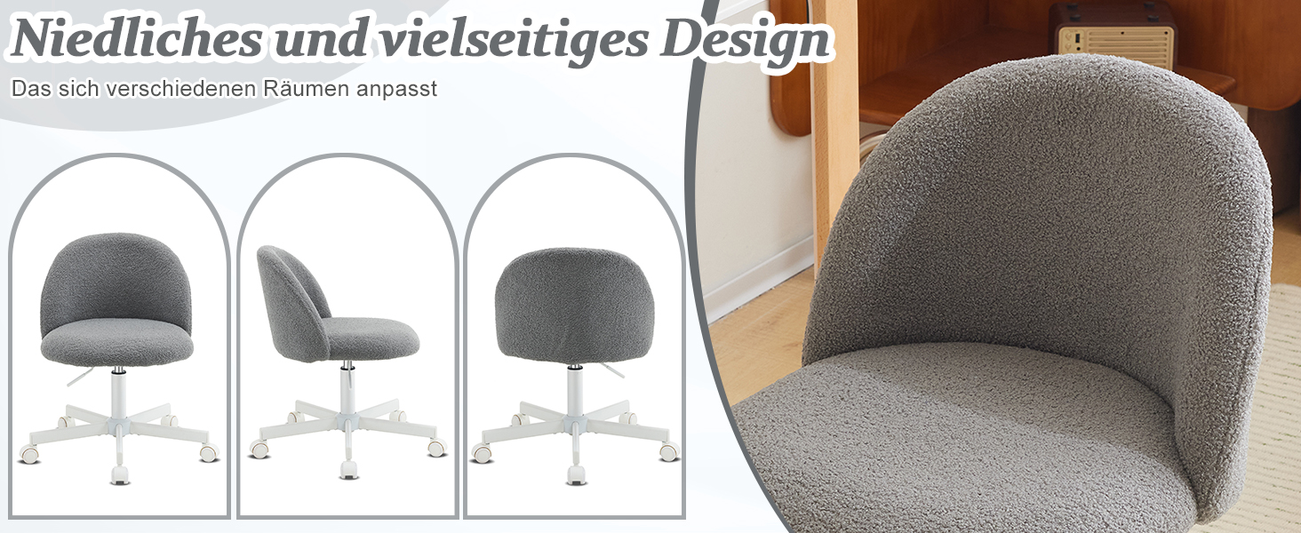 Офісний стілець Bonnlo з роликами, стілець до туалетного столика, регульований по висоті, для робочого кабінету, спальні, home office, з м'якої тканини Teddy, білий (сірий)