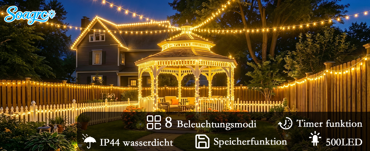 Світлодіодна гірлянда для вулиці 25м, 500 LED, теплий білий колір, IP44 вологозахищена, з пультом, таймером та 8 режимами роботи, зелений кабель для саду та тераси